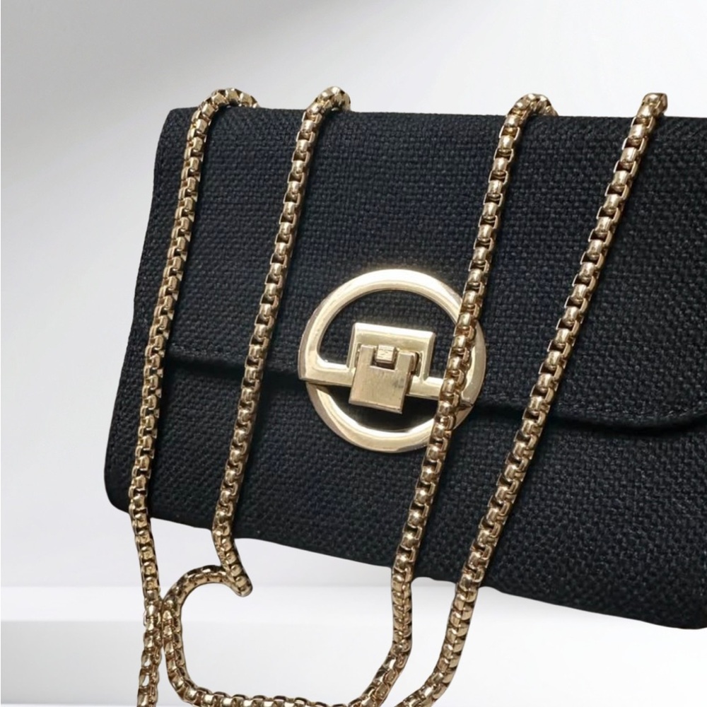 Elegant Black Clutch with long Gold Chain, gold hardware